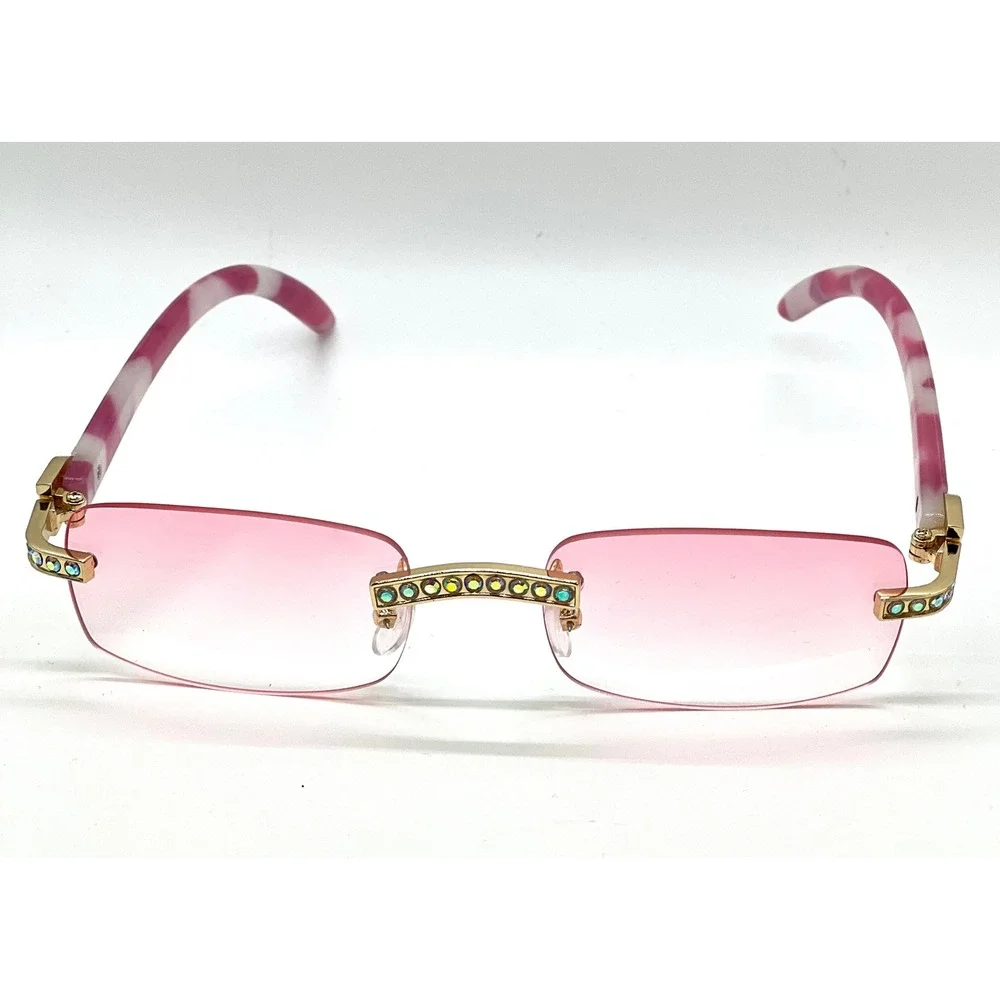 Rimless‎ Pink Gradient Lens Women Sunglasses Embellished Temples Candy Cane Arms